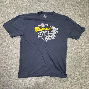Pierim Brasil Souvenir T-Shirt Men L Navy Blue Map Soccer Ball Graphic Print Tee